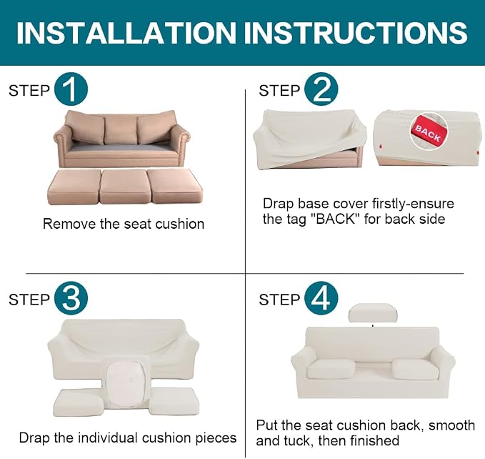 Turquoize 4 Piece Sofa Covers for 3 Cushion Couch Sofa Slipcover Soft Couch Cover for Dogs-Washable Sofa Furniture Covers with 3 Individual Large Cushion Covers (XL Sofa, Cream) - Image 6