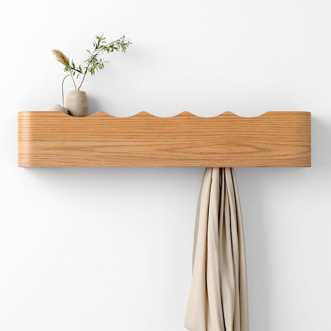 Coat Rack Wall Mount with Hidden Hooks, Wall Hooks with Shelf, Wall Key Holder Mount Wooden Shelf Entryway Hooks for Bedroom Bathroom for Hanging Coats Hats Bags Towels (Oak Wave-Shape, 5 Hooks) by Nevsokio