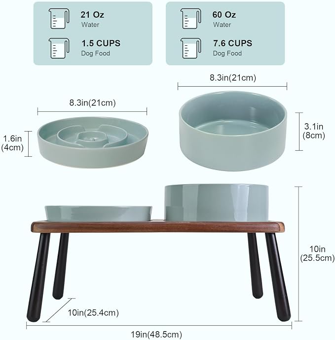 SPUNKYJUNKY Ceramic Elevated Dog Bowls with Slow Feeder Raised Acacia Bamboo Wooden Stand, 8.3'' Dog Food Water Bowls Set Non-Slip for Medium Large Sized Breed Microwave Dishwasher Safe - Light Green - Image 2
