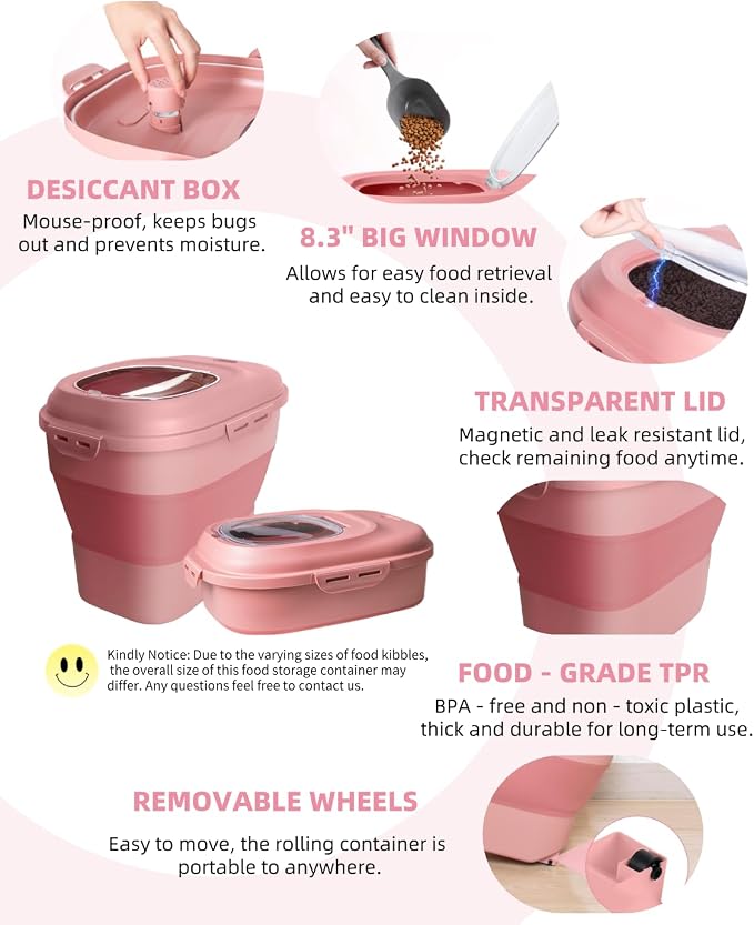 30-35Lbs Airtight Dog Food Storage Container,Collapsible Dog Food Container | Large Pet Food Storage Container with Double Airtight Seal & Magnetic Lid,Dog Food Bin with Wheels,2Pcs Containers,Scoop,Pink - Image 7