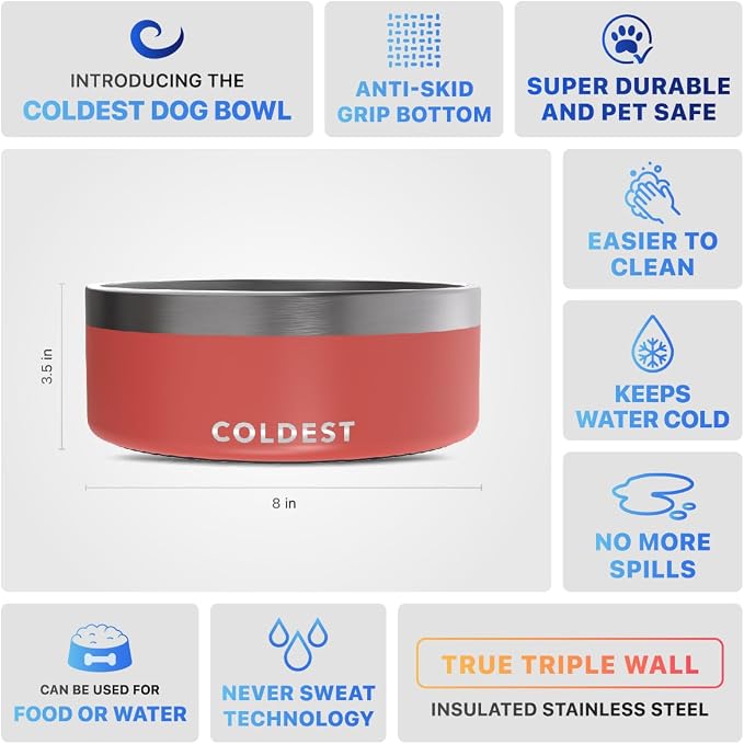 Coldest Dog Bowl - Anti Rust Metal, Non Slip, 3 Layers Insulated Stainless Steel Dog Bowls - Spill Proof & Heavy Duty - Water Bowl for Dogs, Cats & Pets, Dish Washer Safe (64 oz, Crimson Red) - Image 5