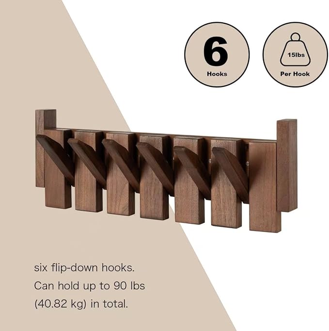 Black Walnut Piano Coat Rack, Coat Hooks for Wall with 6 Magnetic Retractable Hooks, Heavy Duty Space Saving Wall Mounted Coat Rack for Entryway, Bedroom, Mudroom - Image 4