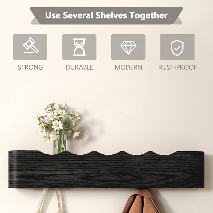 Wall Mounted Coat Rack with Shelf, Wooden Entryway Organizer with Hidden Metal Hooks for Hanging Coats Bags Keys, Modern Floating Shelf for Hallway Bathroom - Image 7