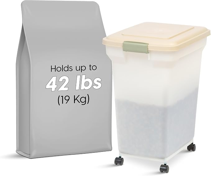 IRIS USA Airtight Dog Food Storage Container, WeatherPro, Up to 40 lbs, Removable Wheels, for Dog Cat Bird and Other Pet Food Storage Bin, Keep Fresh, Translucent Body, Made in USA, Almond/Pearl - Image 2