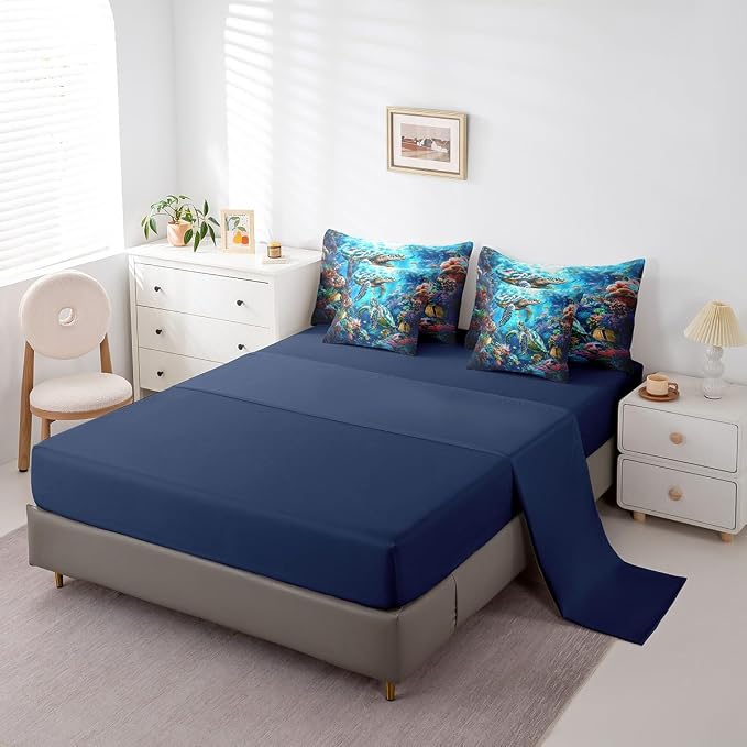 Erosebridal Kids Turtle King Size 7-Piece Bedding Set, Reptile Bed in A Bag, Sea Animals Comforter Set with Sheets, Underwater World Fish Bedding Comforter Sets - Image 4