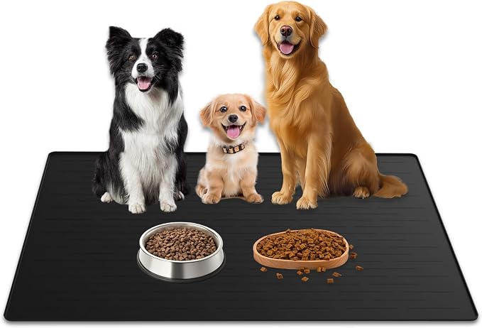 40"x30" XXL Silicone Dog Feeding Mat, 1.5MM Extra Thick Dog Bowl Mat for Food and Water, Large Non-Slip Placemat with High Edges for Dogs Bowls, Easy to Clean, Black by WelcometoULTIBE