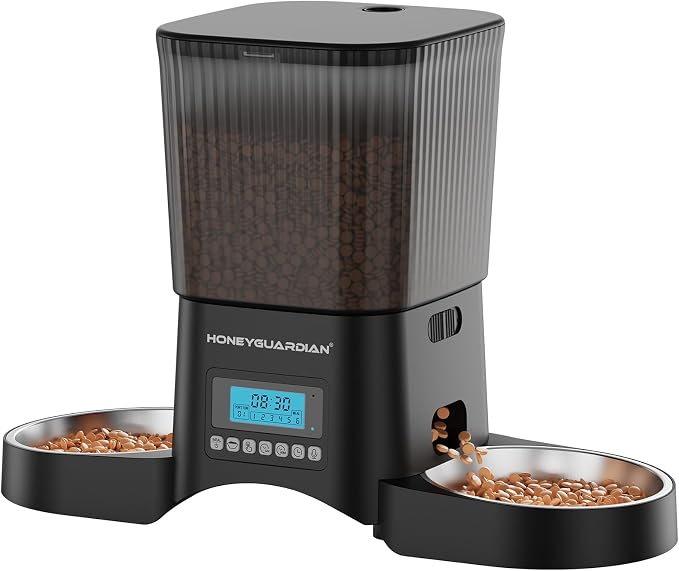 HoneyGuardian Automatic Cat Feeder for 2 Cats, Automatic Cat Food Dispenser, Timed Pet Feeder for Cats and Dogs, Desiccant Bag, Programmable Portion Control,10s Voice Recorder by HoneyGuaridan