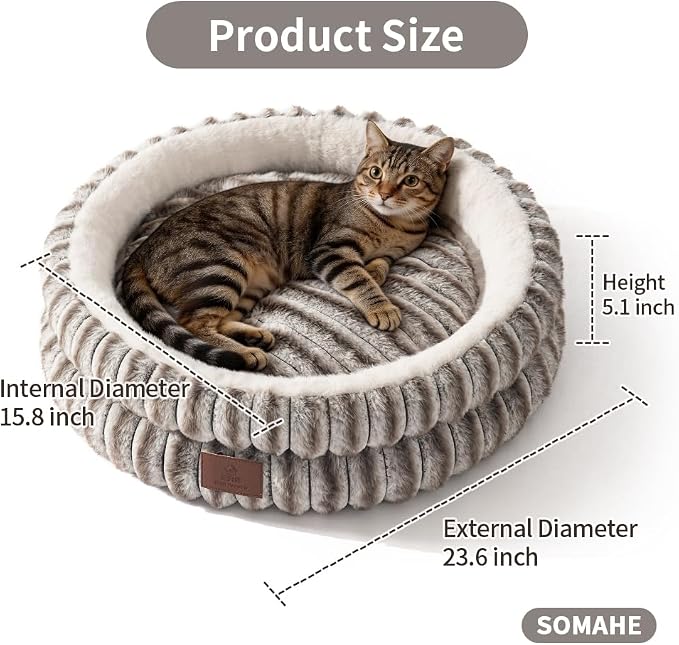 SOMAHE Cat Bed, Round Plush Faux Fur Donut Cuddler – Machine Washable Calming Cat Bed for Indoor Cats & Kittens, Removable Cushion Non-Slip Fluffy Kitten Bed, Cozy Small Cat Nest, 20" Inch Coffee - Image 3