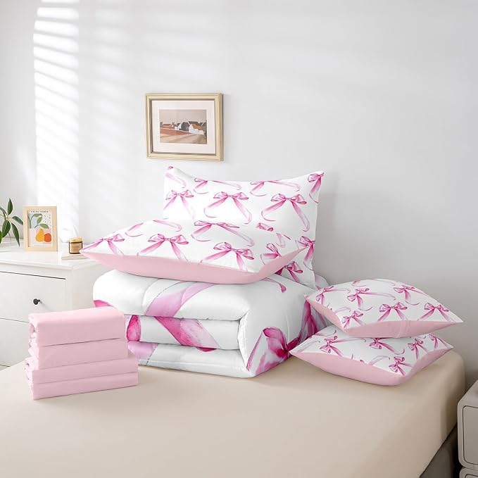 Erosebridal 7 Piece Bowknot Bedding Set Queen,Modern Pink Bow Tie Kids Comforter Set for Boys Girls,Dreamy Princess Style Quilt Set,Watercolor Bows Sheet Set Girly Valentine Decor - Image 6