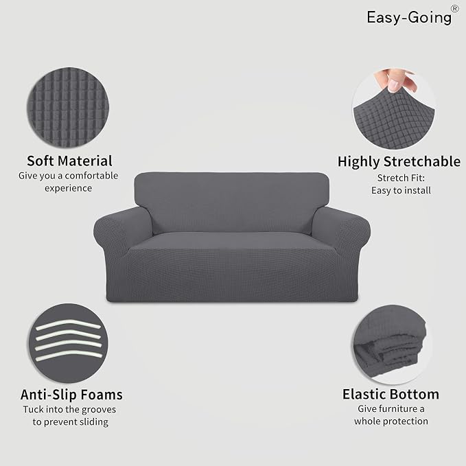 Easy-Going Stretch Oversized Loveseat Couch Covers Washable Grey | 1-Piece Large Loveseat Cover for 2 Cushion Couch Furniture Protector RV Sofa Slipcover Soft with Bottom for Kids Pets - Image 3