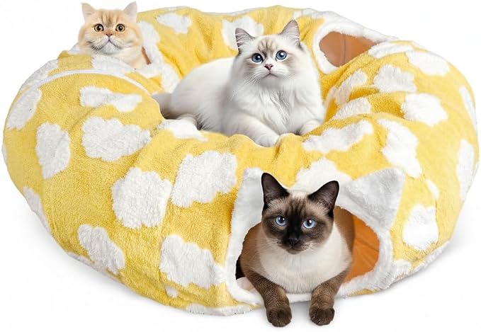Donut Cat Tunnel Bed with 4 Peekaboo Holes, Multi-Cat Play Tube & Cozy Cave, Plush Indoor Kitten Toy Tent, Machine Washable and Collapsible by Unknown