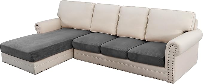 H.VERSAILTEX Velvet Stretch Sectional Couch Covers 4 Pieces Sofa Seat Cushion Covers L Shape Separate Cushion for Both Left/Right Couch (Large Sofa 3 Seater + 1 Chaise, Grey Striped) by HVERSAILTEX