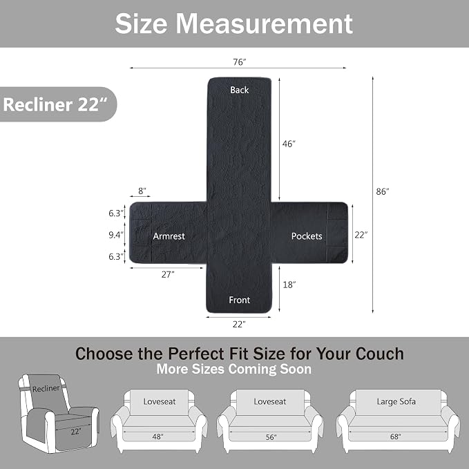 Blue Quilted Recliner Covers, Water-Repellent Recliner Slipcovers, Lazy Boy Chair Covers, Pet Friendly Recliner Cover for Dogs Cats, Washable Furniture Protector (Recliner 22", Blue Gray) - Image 7