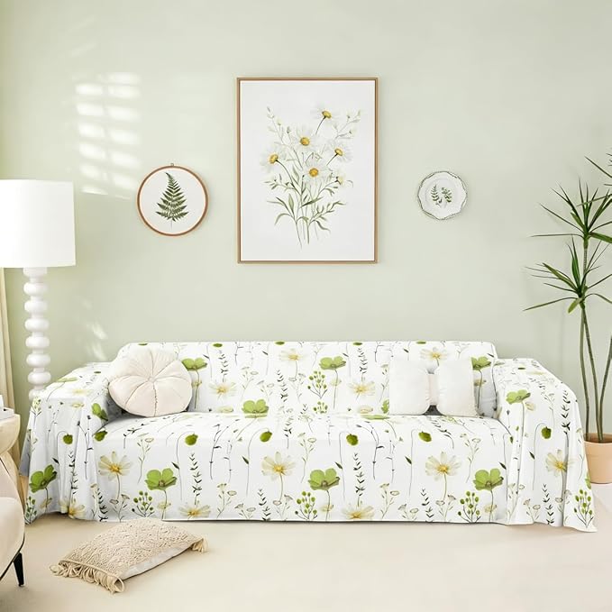 Erosebridal Watercolor Floral Couch Cover Olive Green Beige Flower Sofa Cover Modern Minimalist White Couch Protector 91" X 150" Rustic Farmhouse Washable Non Slip Sofa Protector For Couches And Sofas by Erosebridal