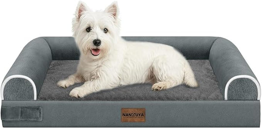 NANUYA Orthopedic Dog Bed for Medium Dogs, 28 x 19 Inch, Dark Grey | Egg crate foam for joint support, 3-sided bolster pet sofa, waterproof lining, washable cover, and non-skid base by Nanuya