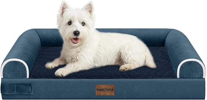 NANUYA Orthopedic Dog Bed for Medium Dogs, 28 x 19 Inch, Navy Blue | Egg crate foam for joint support, 3-sided bolster pet sofa, waterproof lining, washable cover, and non-skid base by Nanuya