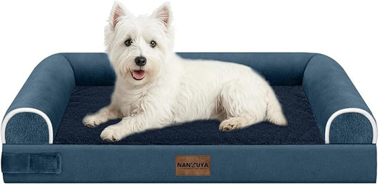 NANUYA Orthopedic Dog Bed for Medium Dogs, 28 x 19 Inch, Navy Blue | Egg crate foam for joint support, 3-sided bolster pet sofa, waterproof lining, washable cover, and non-skid base by Nanuya