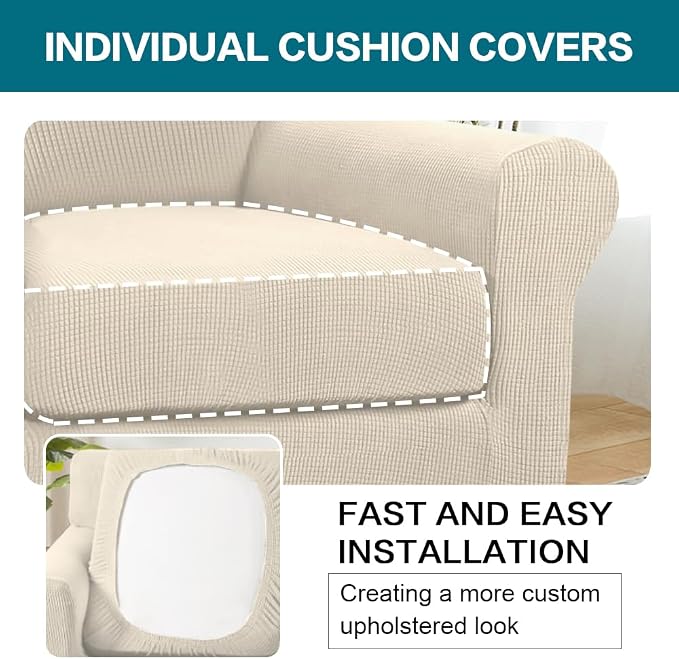 Turquoize 2 Piece Chair Covers for Living Room Armchair Couch Cover with Individual Cushion Covers Furniture Cover for Chairs (Chair,BiscottiBeige) - Image 5
