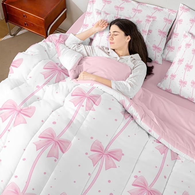 Feelyou Pink Bow 7 Piece Bedding Set Pretty Bowknot Comforter Set with Sheets for Kids Boys Girls Pink White Bed in a Bag Cute Wave Dot Bed Set Soft Lightweight - Image 7