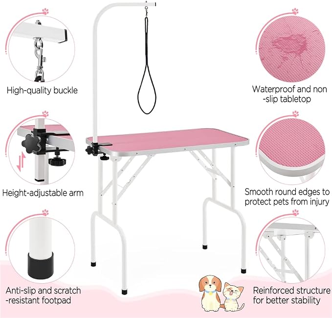 Yaheetech 32-inch Foldable Pet Dog Grooming Table w/Adjustable Height Arm - Drying Table for Home w/Noose for Small Dogs Cats, Maximum Capacity Up to 220lbs, Pink - Image 5