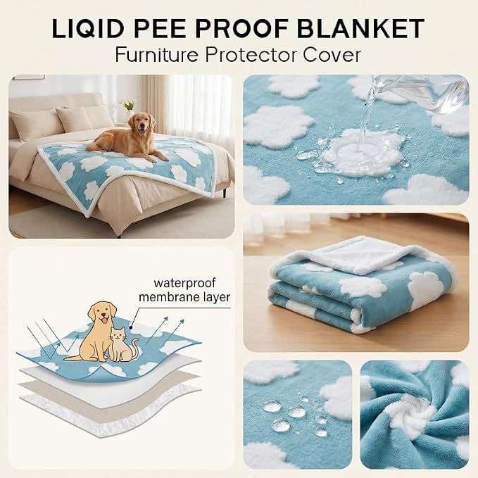 Blue Waterproof Pet Blanket,Dog Bed Covers Couch Sofa Stylish Jacquard Cute Pets Throw Blankets for Puppy Cats Washable Reversible Furniture Protection Covers (Blue Cloud,L) - Image 7