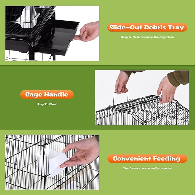 BestPet 64 inch Wrought Iron Bird Cage for Parakeets Medium Small Parrots Parakeet Cage with Detachable Rolling Stand & Play Open Top for Cockatiels Lovebird Finches Canaries (Black) - Image 6