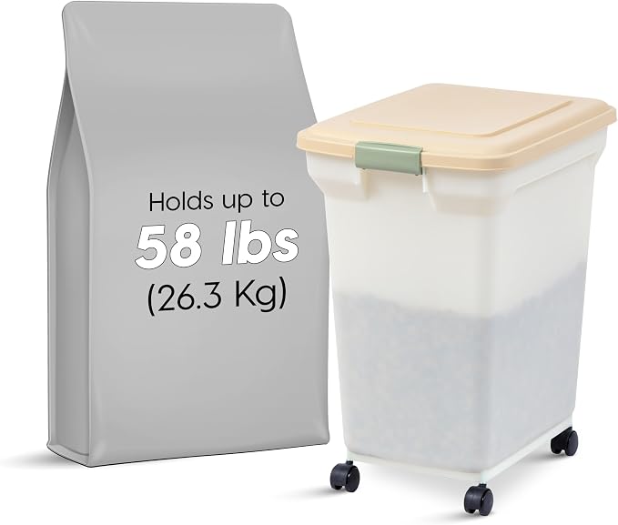 IRIS USA Dog Food Storage Container 58 lbs, Attachable Wheels, for Dog Cat Birds and other Pets, Food Storage Bin, Keep Fresh, Easy Mobility, BPA Free - Made in the USA, Almond/Pearl - Image 2