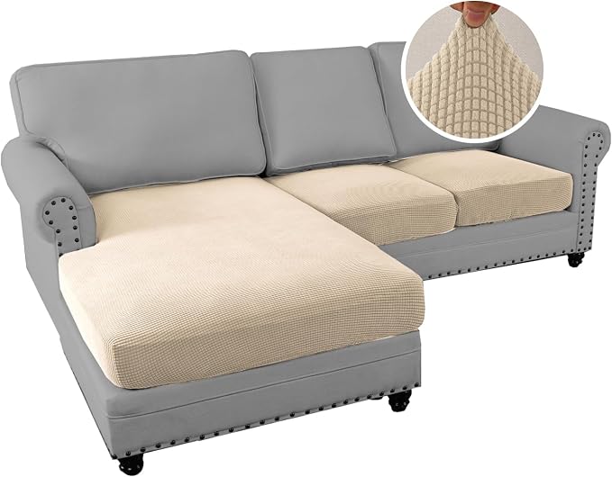 H.VERSAILTEX Sectional Couch Covers 3 Pieces Sofa Seat Cushion Covers L Shape Separate Cushion Couch Chaise Cover for Both Left/Right Sectional Couch (Seat Only: 1 Chaise + 2 Sofa, Natural) - Image 2