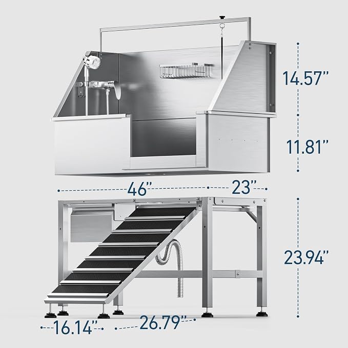 Professional Dog Washing Station, 46 Inch 304 Stainless Steel Pet Grooming Tub with Side-Mounted Faucet, Telescopic Ramp & Storage Drawer for Large & Senior Dogs, Outdoor Raised Sink (46" Right Ramp) - Image 7