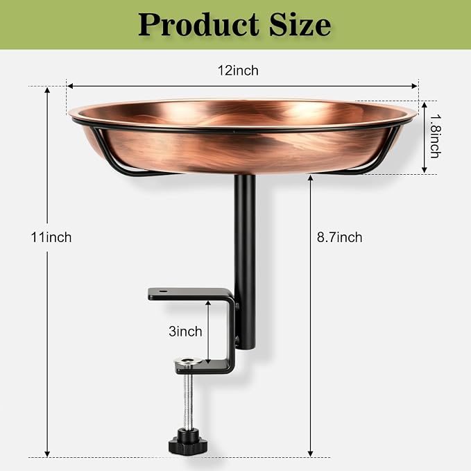 Gtongoko Deck Mounted Metal Bird Bath for Outside, 12 Inch Dia Weather-Resistant Birdbath Bowl for Balcony Fence Railing with Adjustable Clamp Outdoors - Image 2