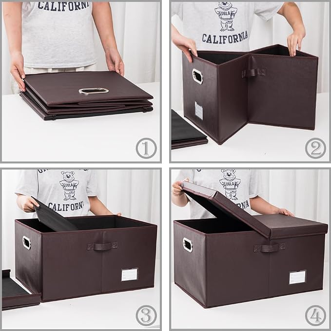 PRANDOM Collapsible Storage Box with Lid [1-Pack] Leather Fabric Foldable Storage Bin Organizer Container Basket Cube with Cover for Home Bedroom Closet Office Nursery Brown (22.8X15.7X11.8) - Image 4