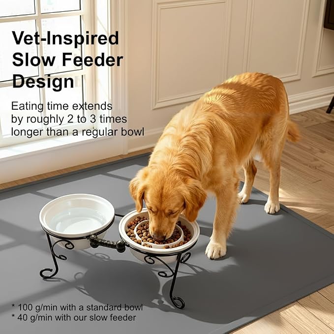 Elevated Dog Bowl Stand with 3 Large Ceramic Bowls – Raised Feeding Station for Medium & Large Dogs, Includes 2 Standard Bowls + 1 Slow Feeder, Durable Iron Frame, Non-Slip (White) - Image 3