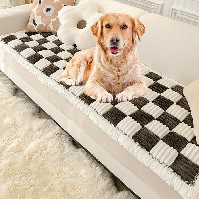 Fluffy Couch Cover for Pets - Large Cream-Coloured Fuzzy Plaid Square Pet Mat Bed Couch Cover Protector - Gray, 23.6 * 23.6in by Triflice