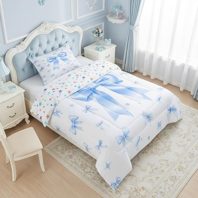 Manfei Blue Bow Kids Comforter Set,Cute Ribbon Bowknot Bedding Set All Season,Kawaii Princess Style Comforter 2 Pcs with 1 Pillowcase,Toddler Size - Image 2