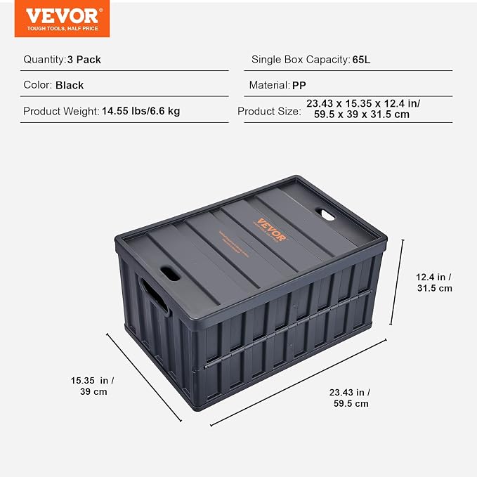 VEVOR 65L Collapsible Storage Bins with Lids 3 Packs, Stackable Utility Crates with Handles, Large Folding Containers for Organizing Tools, Books, Food, Drinks, Camping&Transport - Image 7