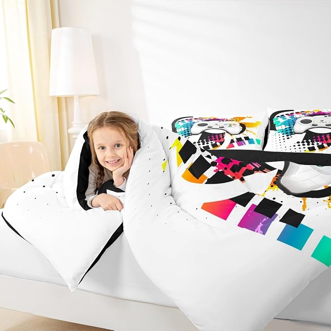 Kids Gaming Comforter Set King Gamer Bedding Set, Modern Console Game Controller Duvet Set for Boys Girls Teens, White Gamepad Quilt Set, Tie Dye Colorful Comforter Set Grey White Soft Bedding Set - Image 6