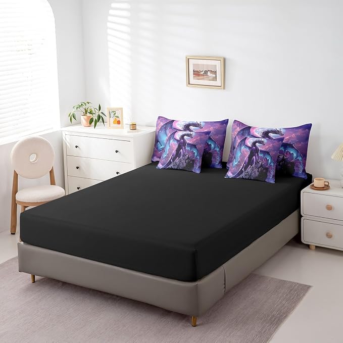 Erosebridal Dragon Queen Bedding Set - Purple Galaxy Bed in A Bag,3D Dragon Comforter Sets with Sheets, Jungle Wildlife 7 Pieces Bed Set Bedroom Decor - Image 5