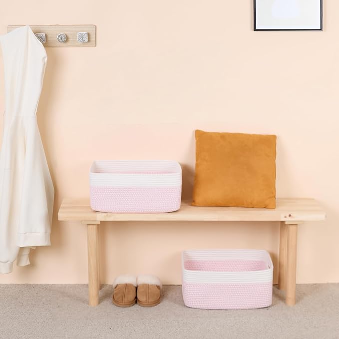 MiniArk Large Storage Baskets for Shelves, 17 x 13 x 7.5” Closet Organizers Bins for Clothes Blanket Towels, Baby Nursery, Toy Baskets Box, Woven Rope Baskets, 3 Packs Woven Pink - Image 6