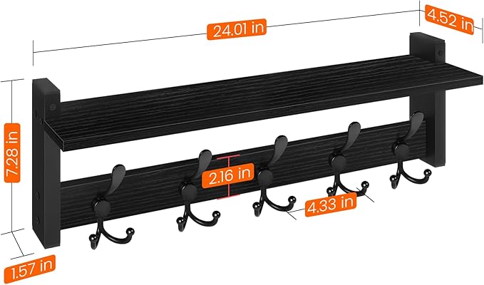 Homode Coat Rack with Shelf, 24" Coat Hooks Wall Mounted with Shelf | Wooden Hanging Coat Hanger with Tri Hooks for Entryway, Bathroom, Mudroom, Bedroom, Black - Image 8