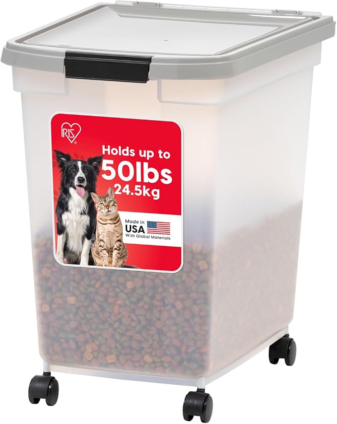 IRIS USA Airtight Dog Food Storage Container, WeatherPro, Up to 50 lbs, Removable Wheels, for Dog Cat Bird and Other Pet Food Storage Bin, Keep Fresh, Translucent Body, Made in USA, Clear/Gray by IRISUSA