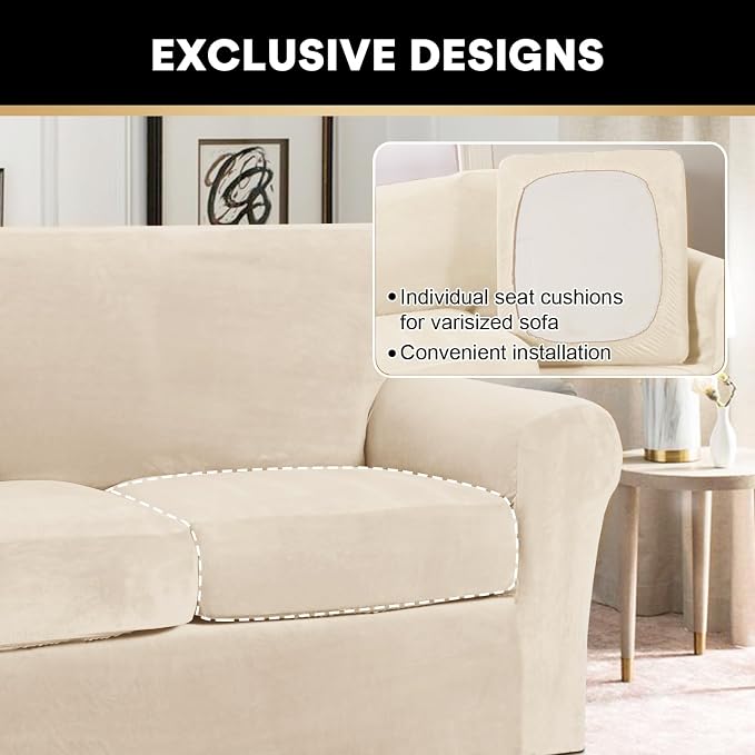 PrinceDeco Velvet Couch Covers for Sofa Soft 4 Pieces Couch Covers for 3 Cushion Couch Sofa Pet Friendly Furniture Protector with Non Slip Elastic Bottom Width Up to 90 Inch (Large, Cream) - Image 4