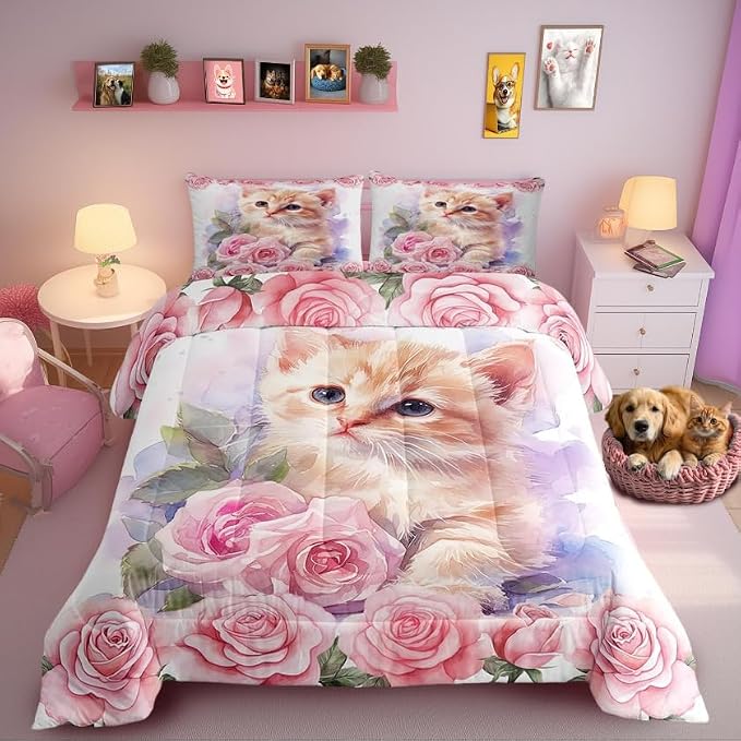 Manfei Kawaii Cat Twin Size Comforter Set for All Seasons,Kids Cute Animal Kitten Pet Bedding Set Teens Bedroom Decor,Floral Pink Rose Blossoms Comforter Inner Fill with 1 Pillowcase by Manfei