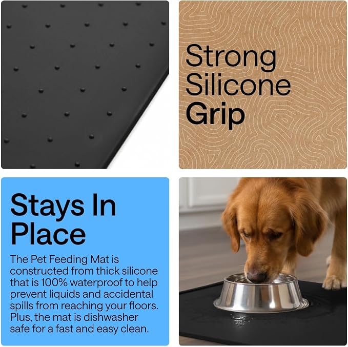 GORILLA GRIP 100% Waterproof Raised Edge BPA Free Silicone Pet Feeding Mat, Dog Cat Food Mats Contain Spills Protects Floors, Placemats for Cats and Dogs Water Bowl, Pets Accessories 23x15 Black - Image 3