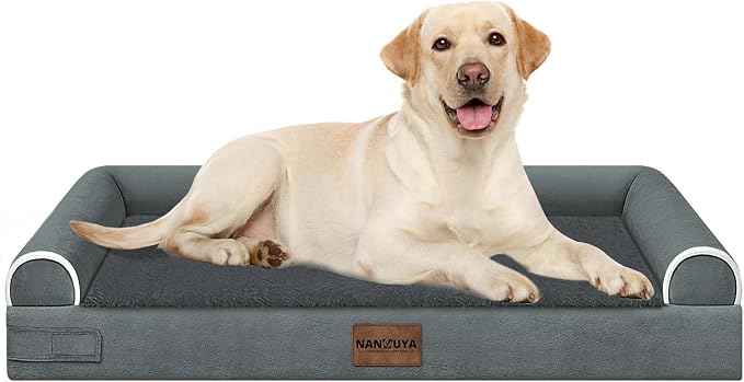NANUYA Orthopedic Dog Bed for Large Dogs, 38 x 25 Inch, Dark Grey | Egg crate foam for joint support, 3-sided bolster pet sofa, waterproof lining, washable cover, and non-skid base by Nanuya