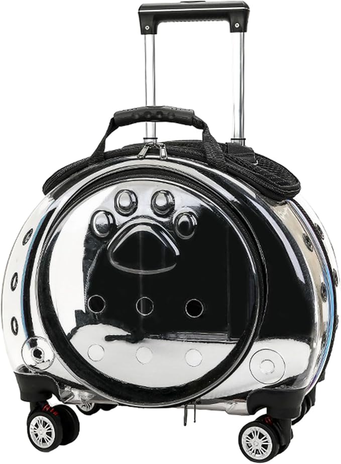 Pet Trolley Case with Upgraded Detachable Silent Wheels, Clear Ventilation Holes Cat Dog Carrier, Cat Dog Carrier with Telescopic Handle, Perfect for Traveling/Taking a Walk Black