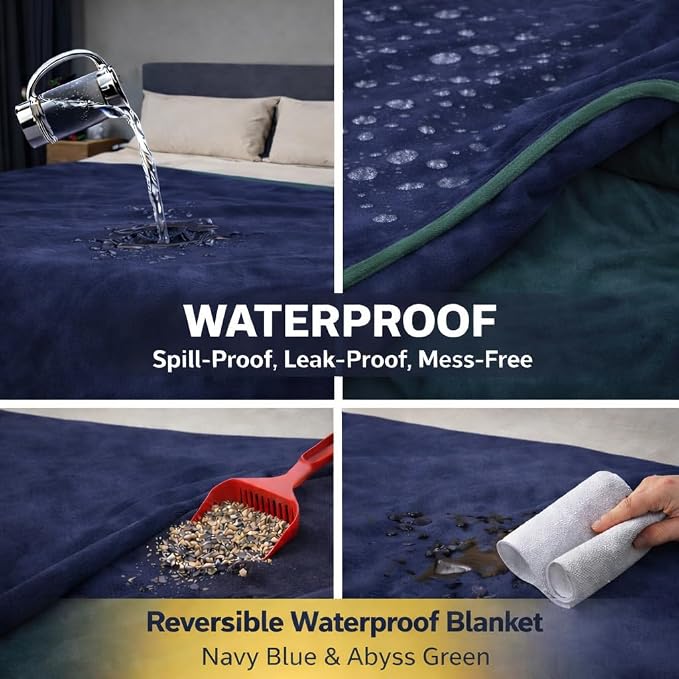 Queen Size Waterproof Blanket – Stain-Proof, Spill-Proof Flannel Blanket for Bed, Couch, Kids & Pets Protection, Reversible Splash-Proof Design (Navy Blue & Abyss Green, 80x90) - Image 5