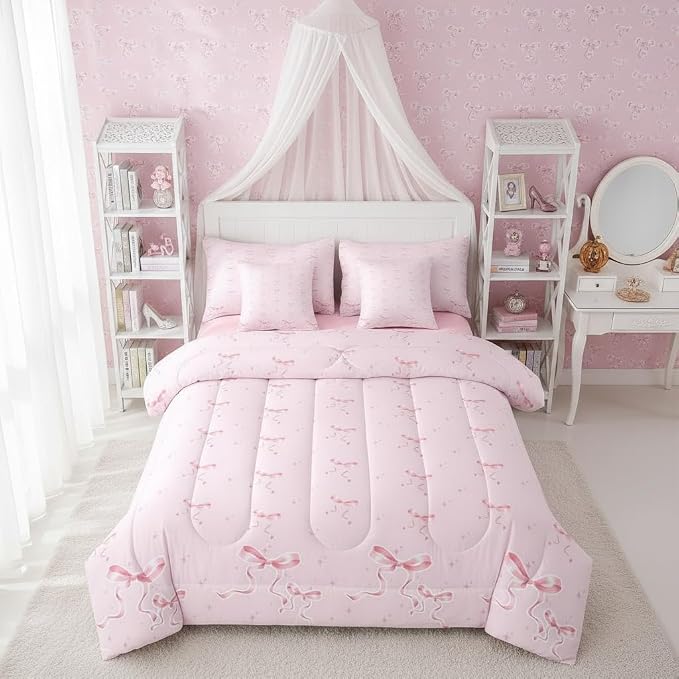 Erosebridal Girly Bowknot King Comforter Set for Girls Pink Bow 7 Piece Bedding Set Coquette Room Decor Dreamy Ribbon Bow Knot Princess Quilt Watercolor Aesthetic Bowtie Sheet Set with Comforter by Erosebridal