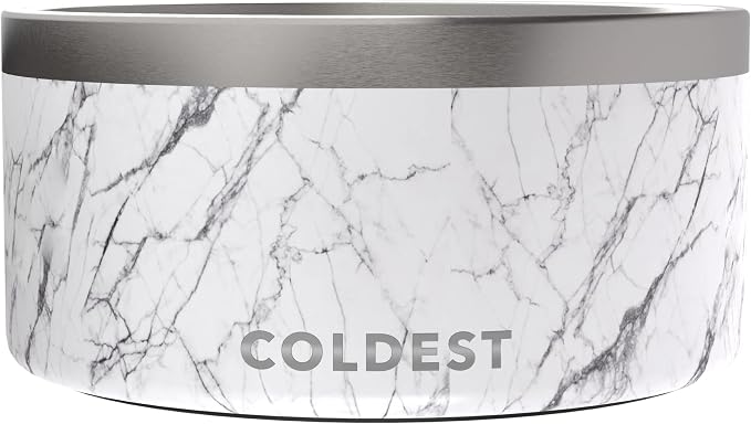 Coldest Dog Bowl - Anti Rust Metal, Non Slip, 3 Layers Insulated Stainless Steel Dog Bowls - Spill Proof & Heavy Duty - Water Bowl for Dogs, Cats & Pets, Dish Washer Safe (200 oz, Carrara Marble) by Coldest