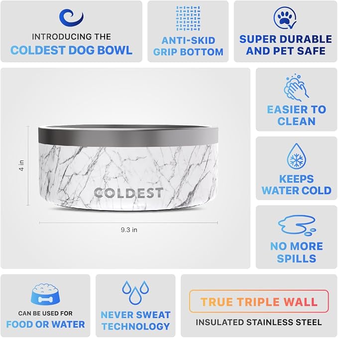Coldest Dog Bowl - Anti Rust Metal, Non Slip, 3 Layers Insulated Stainless Steel Dog Bowls - Spill Proof & Heavy Duty - Water Bowl for Dogs, Cats & Pets, Dish Washer Safe (100 oz, Carrara Marble) - Image 5