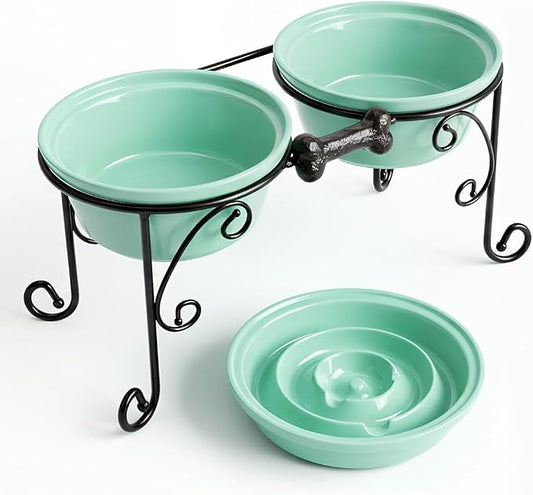 Elevated Dog Bowl Stand with 3 Large Ceramic Bowls – Raised Feeding Station for Medium & Large Dogs, Includes 2 Standard Bowls + 1 Slow Feeder, Durable Iron Frame, Non-Slip (Lucite Green) by BestVida